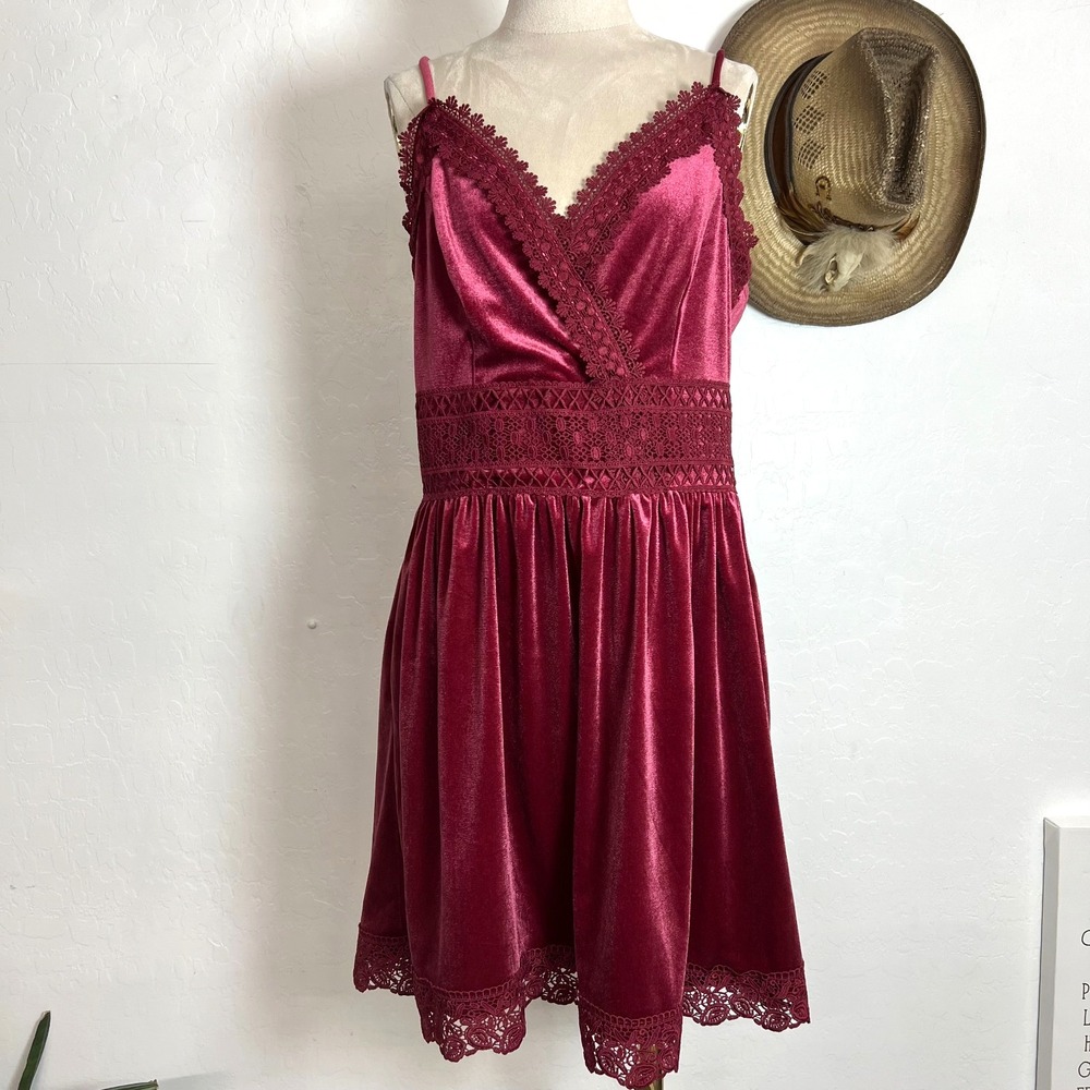 Wishlist Apparel Burgundy Velvet Lace Trim Fit & Flare Mini stretchy Dress L